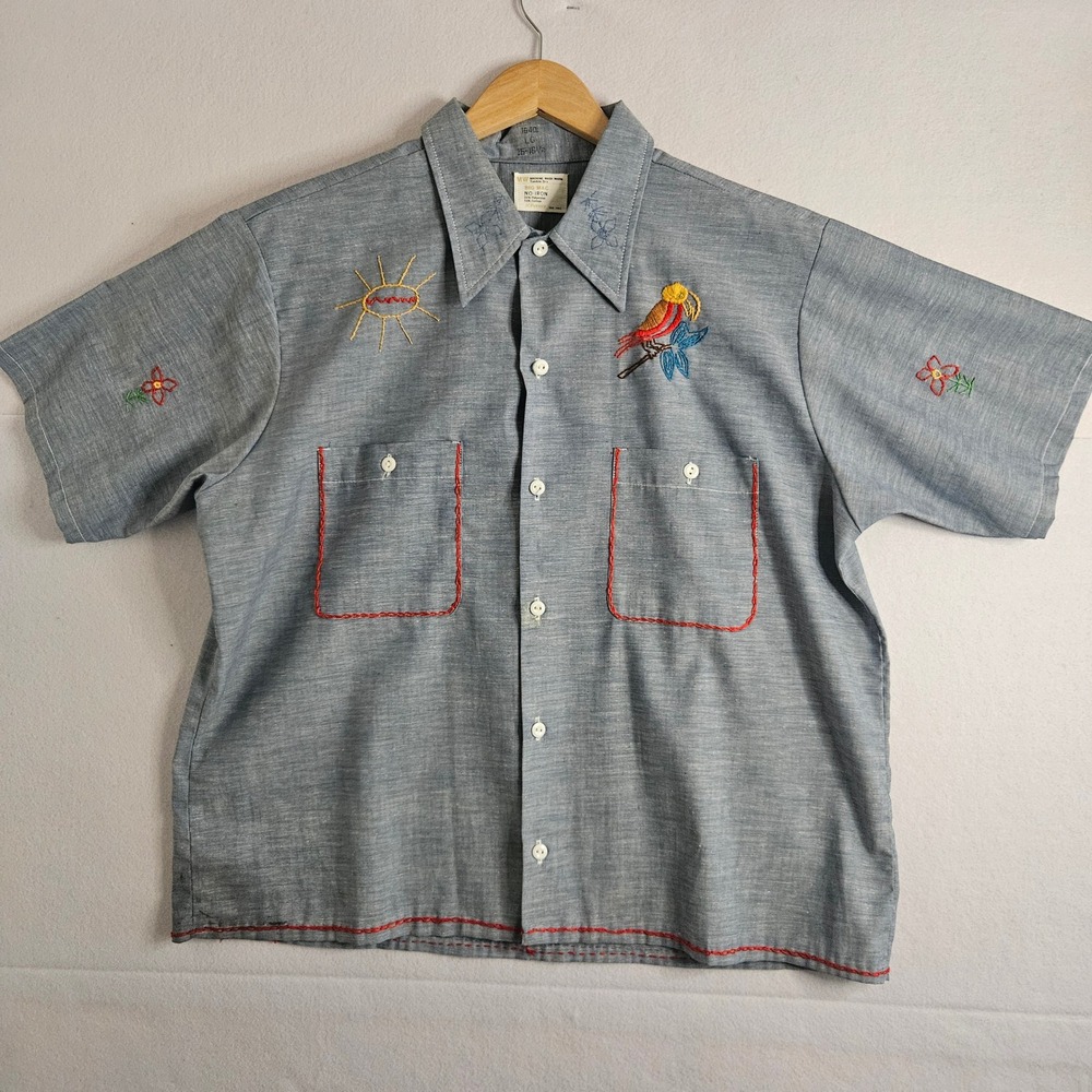Vtg JCPenney Big Mac Blue Embroidered Chambray Work Shirt L Hippie Folk Art Boho